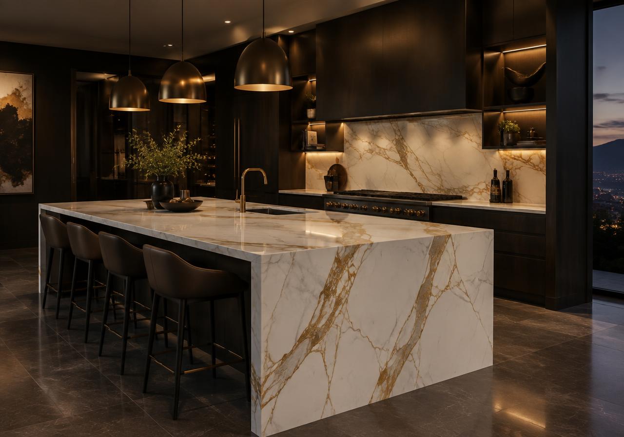 Calacatta Gold porcelain kitchen island in a black and gold kitchen