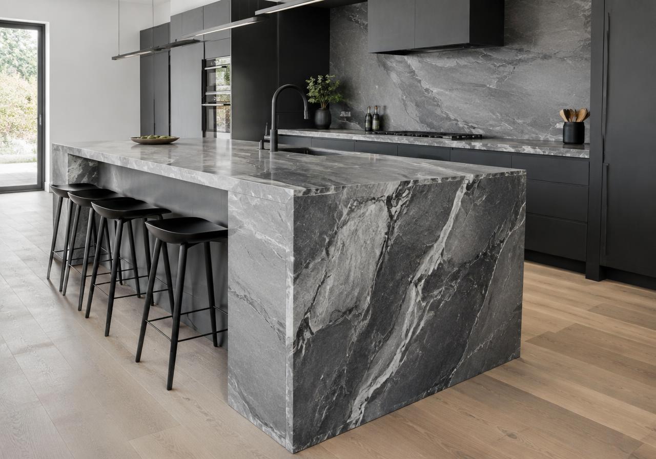 Grey Storm porcelain installed
