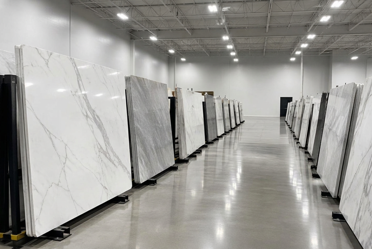 Rows of large-format porcelain slabs on racks in our warehouse